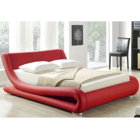 hKing size Modern Red Faux Leather Upholstered Platform Bed with Curved Headboard