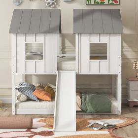 Twin over Twin House Bunk Bed with Slide and Windows