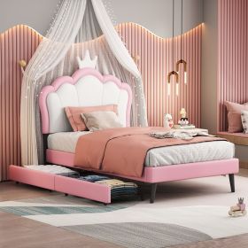 Twin Size Upholstered Princess Bed With Crown Headboard and 2 Drawers,Twin Size Platform Bed with Headboard and Footboard,White+Pink