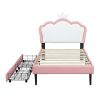 Twin Size Upholstered Princess Bed With Crown Headboard and 2 Drawers,Twin Size Platform Bed with Headboard and Footboard,White+Pink