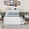 Full Size Wooden Bed with Storage Headboard with Outlets, Extendable Bed with Twin Size Trundle with Three Storage Drawers