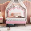 Twin Size Upholstered Princess Bed With Crown Headboard and 2 Drawers,Twin Size Platform Bed with Headboard and Footboard,White+Pink