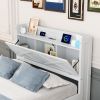 Full Size Wooden Bed with Storage Headboard with Outlets, Extendable Bed with Twin Size Trundle with Three Storage Drawers