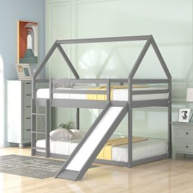 Twin over Twin Low Bunk Bed, House Bed with Ladder , White (Color: Gray, STYLE: Slide)