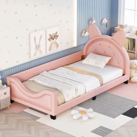 Twin Size Upholstered Daybed with Carton Ears Shaped Headboard (Color: pink)